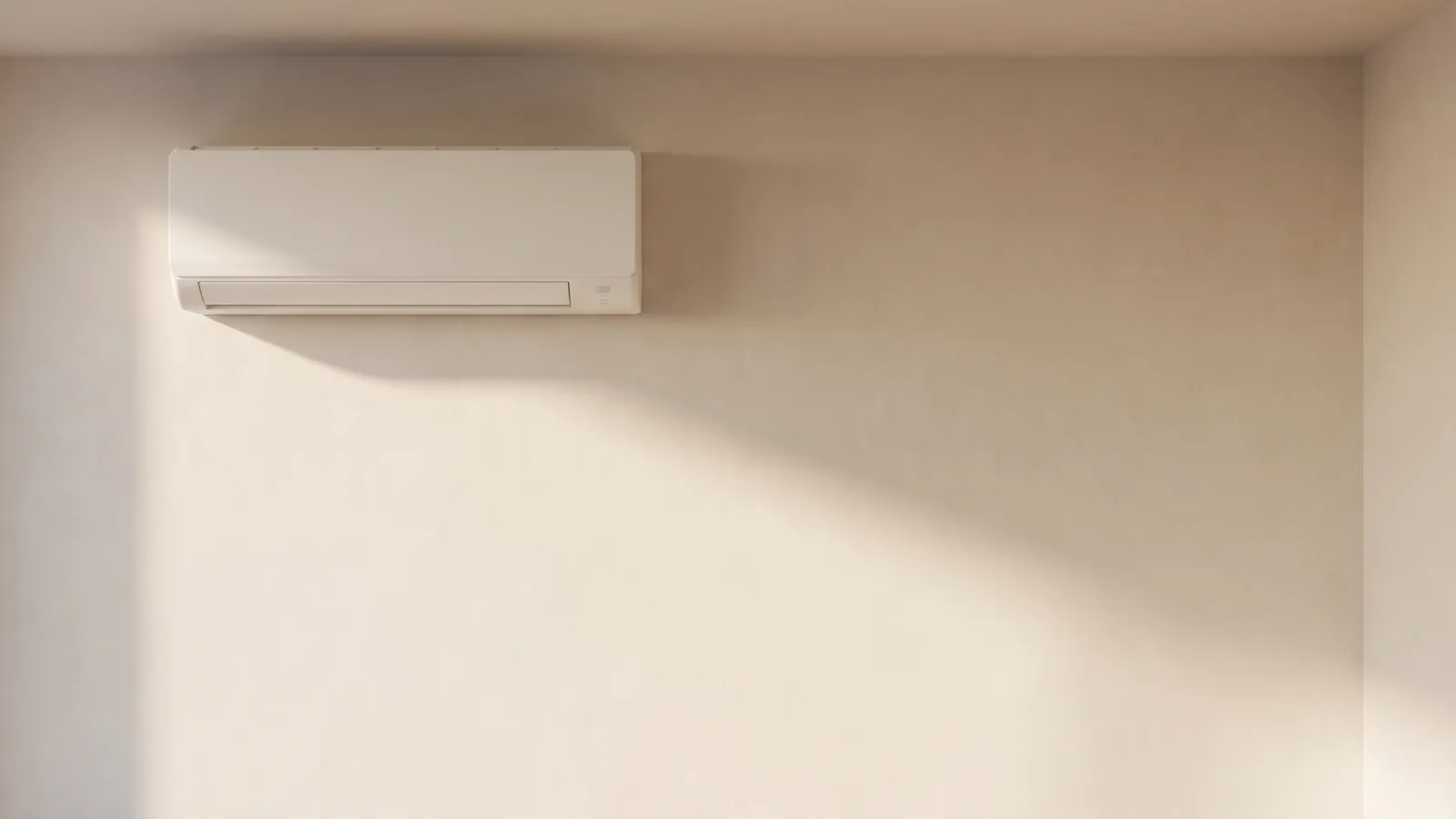 Evaporadora de ar-condicionado split instalada no alto de uma parede rebocada vazia, com a luz do fim da tarde riscando o reboco e uma sombra longa sob o aparelho